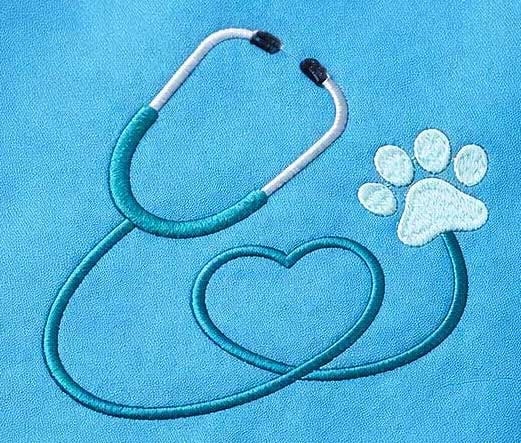 Shonte_VetScrubs_Download4 1 Turquoise stethoscope curled to form a heart with a paw print on a blue background, symbolizing veterinary care.