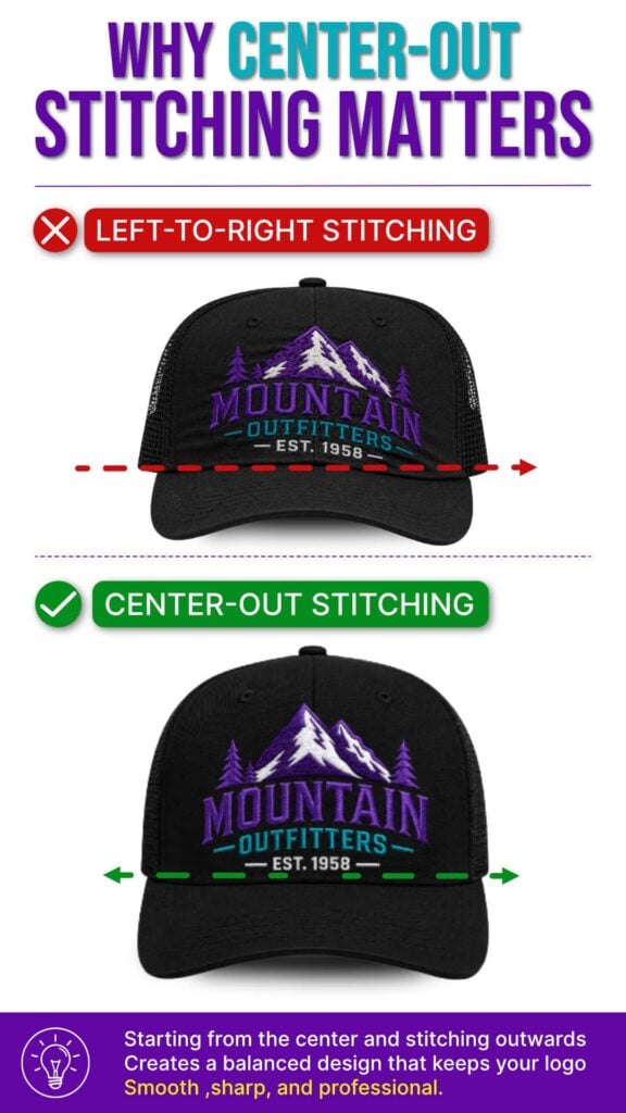 center-out-vs-left-to-right-cap-digitizing-mobile Cap digitizing comparison showing why center-out stitching creates cleaner embroidery results than left-to-right stitching.