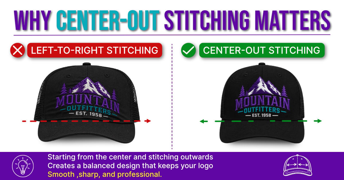 center-out-vs-left-to-right-cap-digitizing | Embroidery Legacy Cap digitizing comparison showing why center-out stitching creates cleaner embroidery results than left-to-right stitching.