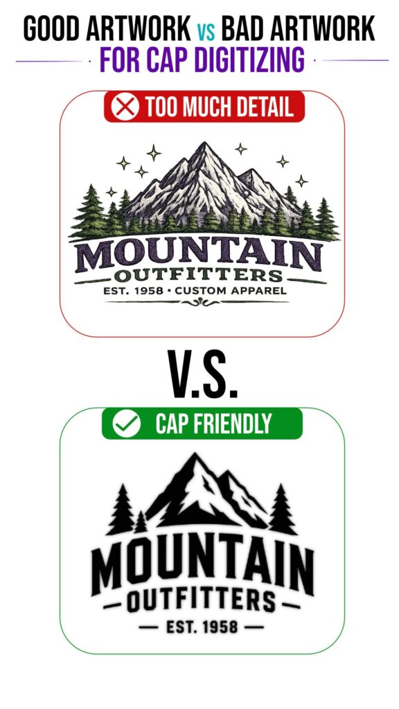 good-vs-bad-artwork-for-cap-digitizing-mobile Good versus bad artwork for cap digitizing, showing how simplified designs stitch more cleanly than overly detailed artwork.