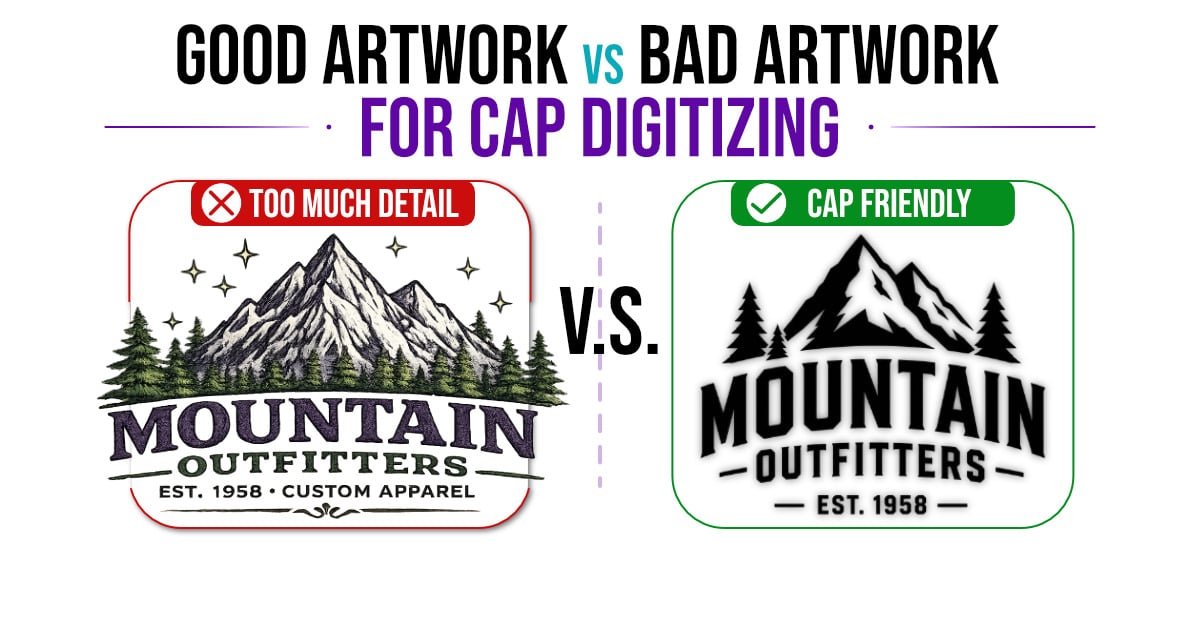 good-vs-bad-artwork-for-cap-digitizing | Embroidery Legacy Good versus bad artwork for cap digitizing, showing how simplified designs stitch more cleanly than overly detailed artwork.