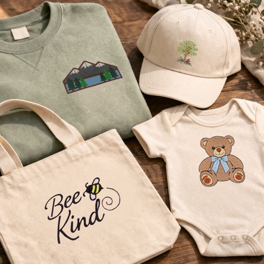 Digitizer's Dream Workshop Creations: 4 embroidery designs sewn on a hat, onesie, tote bag and shirt