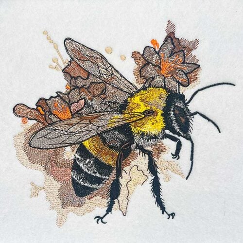 EL-Bee-1_1m-jm8ixe | Embroidery Legacy Embroidery-style illustration of a bumblebee with yellow and black stripes flying over orange flowers in a pale background.