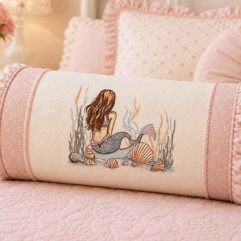 Decorative pink bolster pillow with an embroidered mermaid sitting among seashells on a white panel.