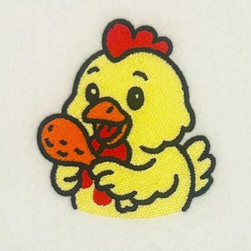 EL_CA_Chicken | Embroidery Legacy Cartoon yellow chicken holding a roasted drumstick, smiling with a red comb on its head.