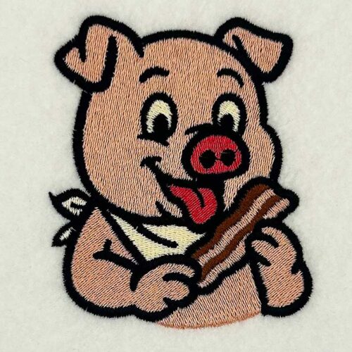 Cute embroidered pig patch holding a bone with its tongue out on light fabric valuewise playful image