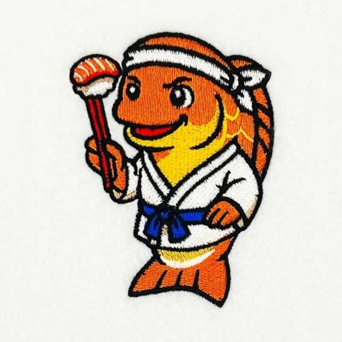 EL_CA_Salmon | Embroidery Legacy Cartoon orange fish wearing a white karate gi with a blue belt, headband, smiling and holding a red-tipped baton patching banner style.