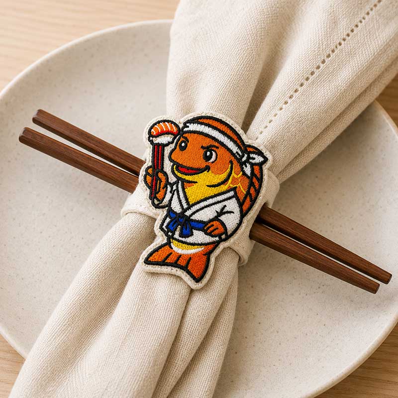 EL_CA_Salmon_StickHolder | Embroidery Legacy Cartoon orange fish in a white karate gi with a blue belt, wearing a headband, as a patch resting on a folded beige napkin held by wooden chopsticks over a ceramic plate.