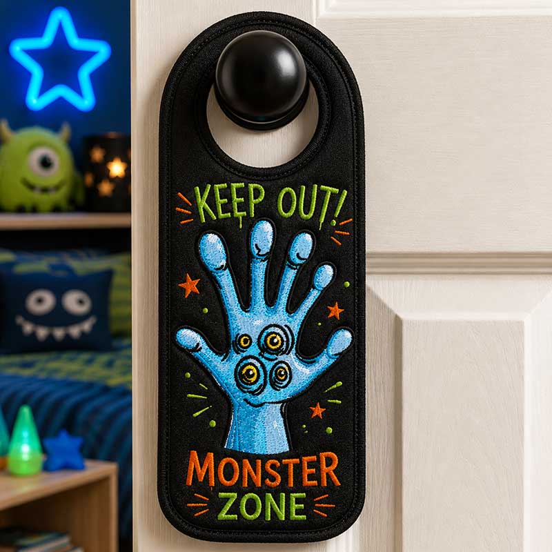 EL_MonsterHand3_DoorHanger | Embroidery Legacy Door hanger on a doorknob that says 'Keep Out! Monster Zone' with a blue multi-eyed hand graphic.