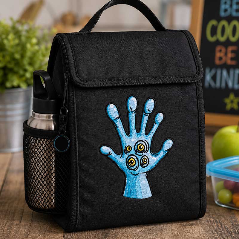 EL_MonsterHand3_LunchBag | Embroidery Legacy Black insulated lunch bag with a blue three-eyed hand graphic on the front, plus a side mesh water bottle holder.