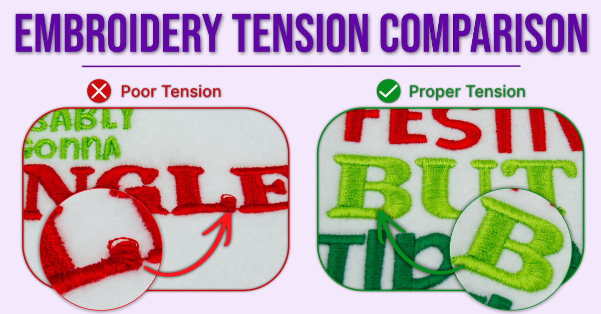 Embroidery-machine-tension-comparison | Embroidery Legacy Side-by-side comparison of poor and proper embroidery machine tension, highlighting gaps versus smooth satin stitch coverage.