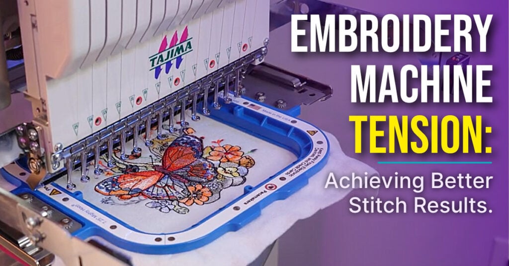 Close-up of an embroidery machine stitching a colorful butterfly design, illustrating proper embroidery machine tension for clean stitch quality.