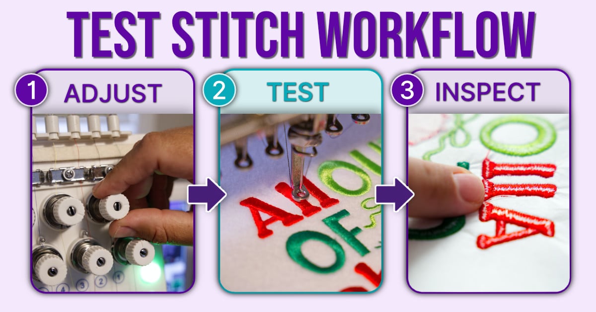 Embroidery-machine-tension-test-stitch-workflow | Embroidery Legacy Three-step embroidery machine tension workflow showing how to adjust tension, stitch a test sample, and inspect the results.