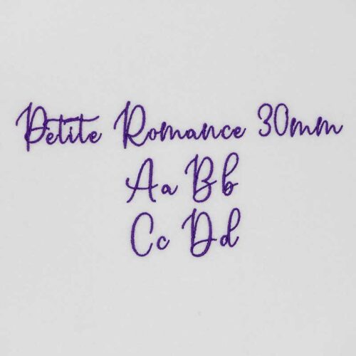 Purple cursive font sample reading: 'Petite Romance 30mm' with alphabet lines 'Aa Bb' and 'Cc Dd' displayed below.
