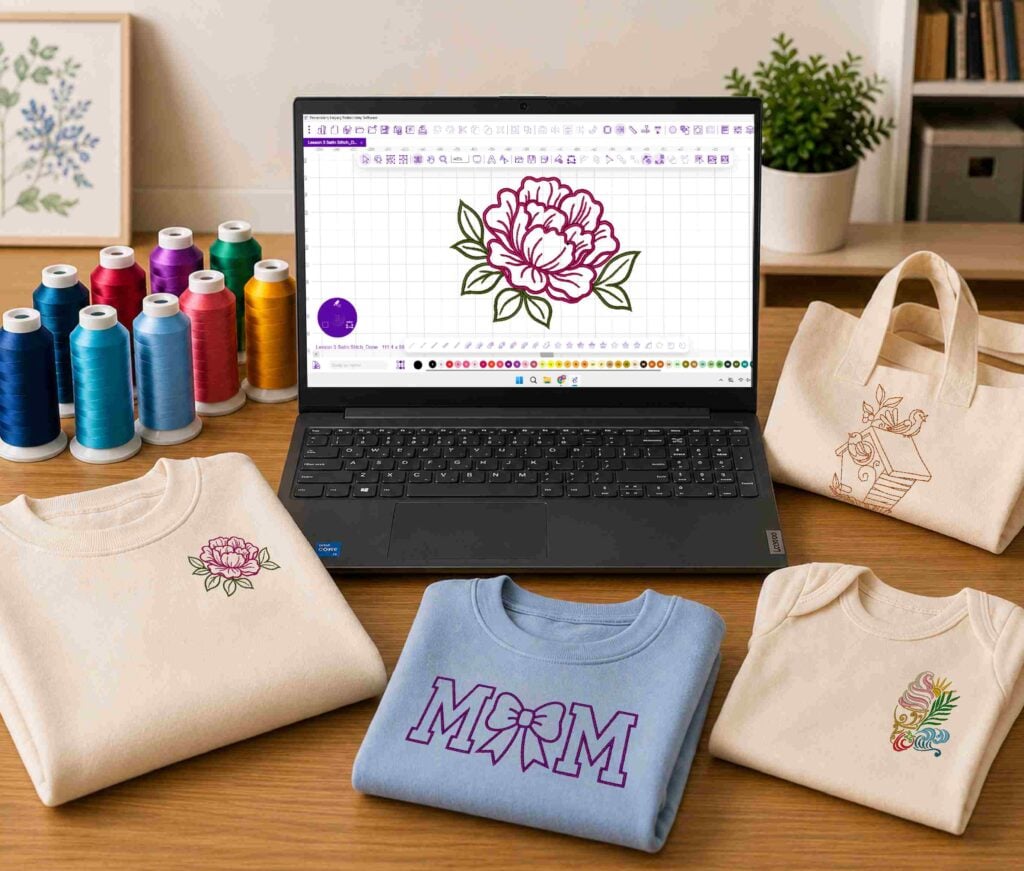 Playbook image-Cover Ultimate Digitizing Playbook designs stitched on garments and rose design open in Embroidery Legacy Digitizing Software