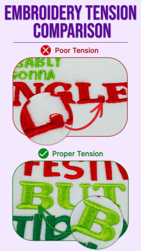 embroidery-machine-tension-comparison-mobile | Embroidery Legacy Infographic titled 'Embroidery Tension Comparison' showing poor tension vs proper tension with close-up stitch detail and green checkmark.