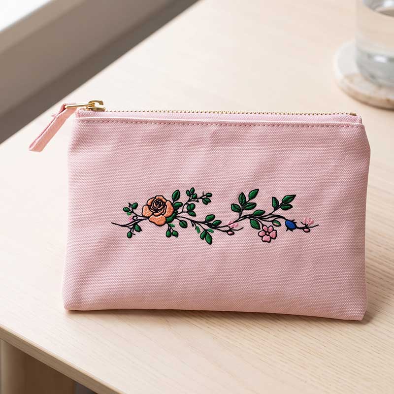 EL_FS4_a_ZipperPouch | Embroidery Legacy Pink fabric pouch with a gold zipper and embroidered floral design on the front, resting on a light wood surface.
