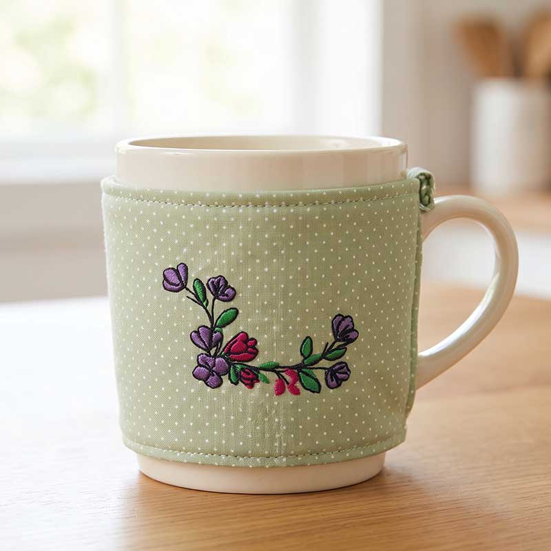 EL_FS4_d_MugCozy | Embroidery Legacy Green mug with a light green, polka-dotted fabric sleeve featuring purple and pink embroidered flowers, on a wooden counter.