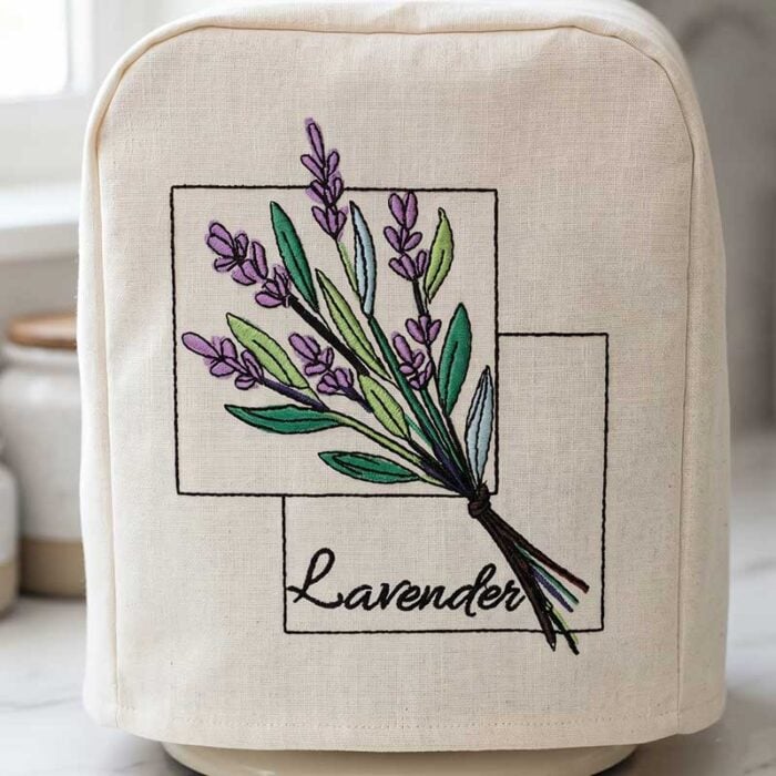 EL_KitchenHerbsLavender_ApplianceCover | Embroidery Legacy Beige backpack with embroidered lavender bouquet and the word Lavender in cursive.