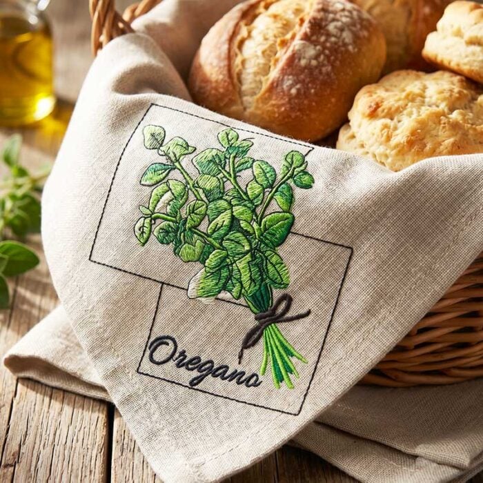 EL_KitchenHerbsOregano_BasketLiner | Embroidery Legacy Beige towel with an embroidered oregano bundle tied with a string, placed over bread in a basket with olive oil in the background.