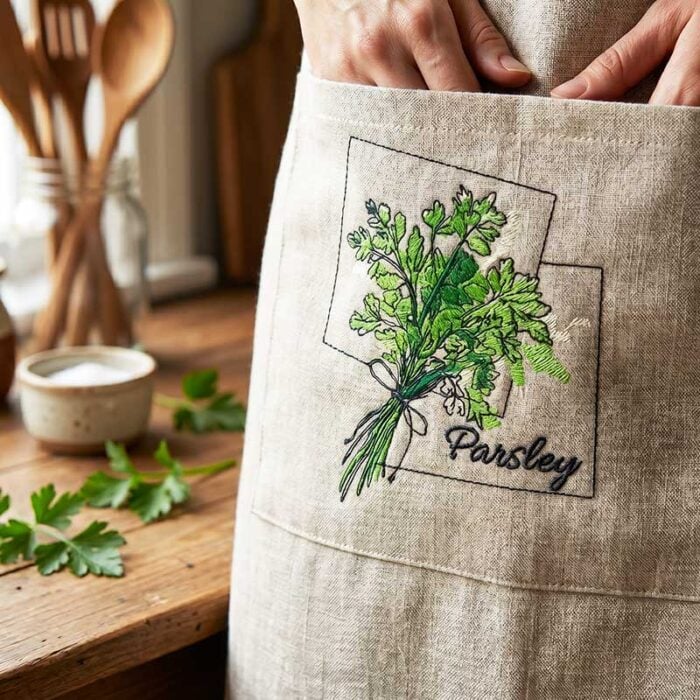 EL_KitchenHerbsParsley_Apron | Embroidery Legacy Close-up of a beige apron with an embroidered parsley bouquet and the word Parsley.