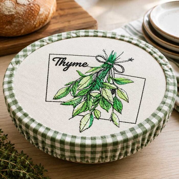 EL_KitchenHerbsThyme_BowlCover | Embroidery Legacy Kitchen herbs bowl cover