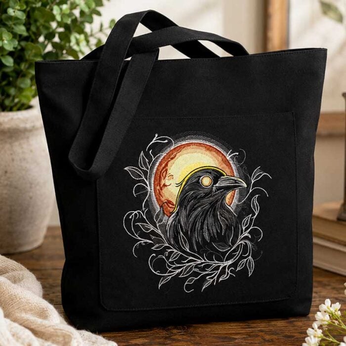 EL_MoonlightRaven_ToteBag | Embroidery Legacy Black tote bag with an embroidered crow against a sun and decorative white vine motif on the front pocket.
