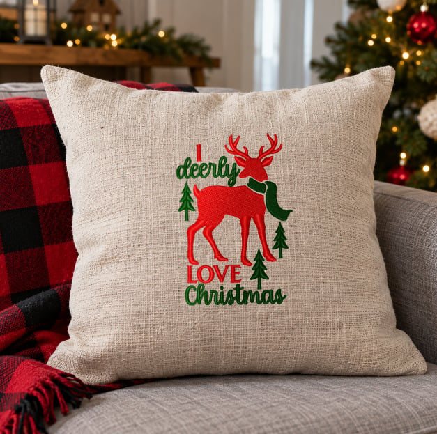 Handmade-Touches-Image2 Decorative beige pillow with red reindeer and green text 'I deerly love Christmas' on a living room couch.