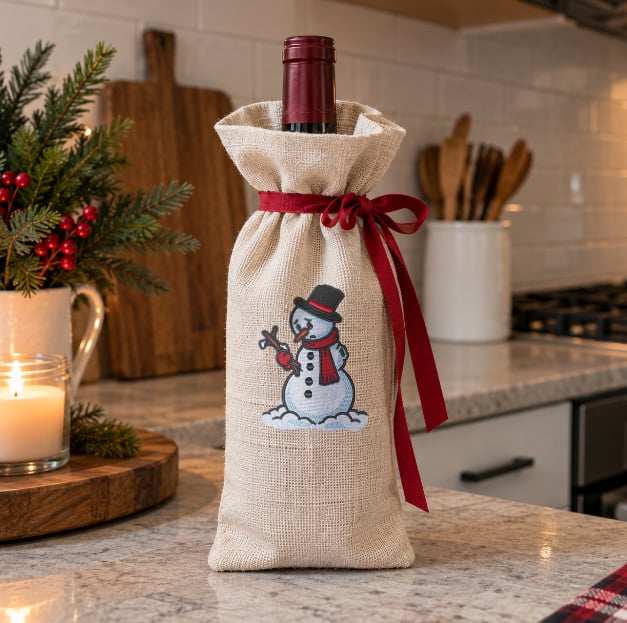 Handmade-Touches-Image3 Gift-wrapped bottle in a beige burlap bag with a snowman illustration and red ribbon on a kitchen counter.