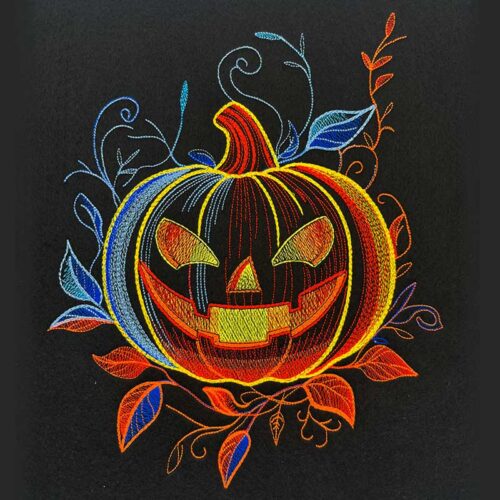 MoonlightJacolantern2 | Embroidery Legacy Colorful glowing jack-o'-lantern with swirling leaves on a dark background, in embroidery style.
