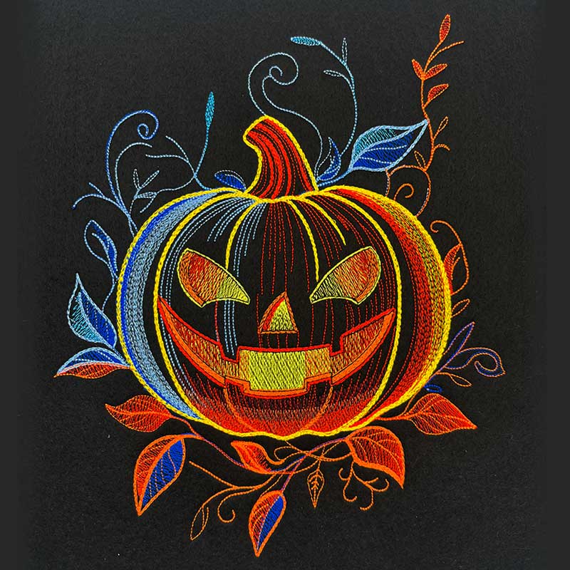 MoonlightJacolantern2 | Embroidery Legacy Colorful glowing jack-o'-lantern with swirling leaves on a dark background, in embroidery style.