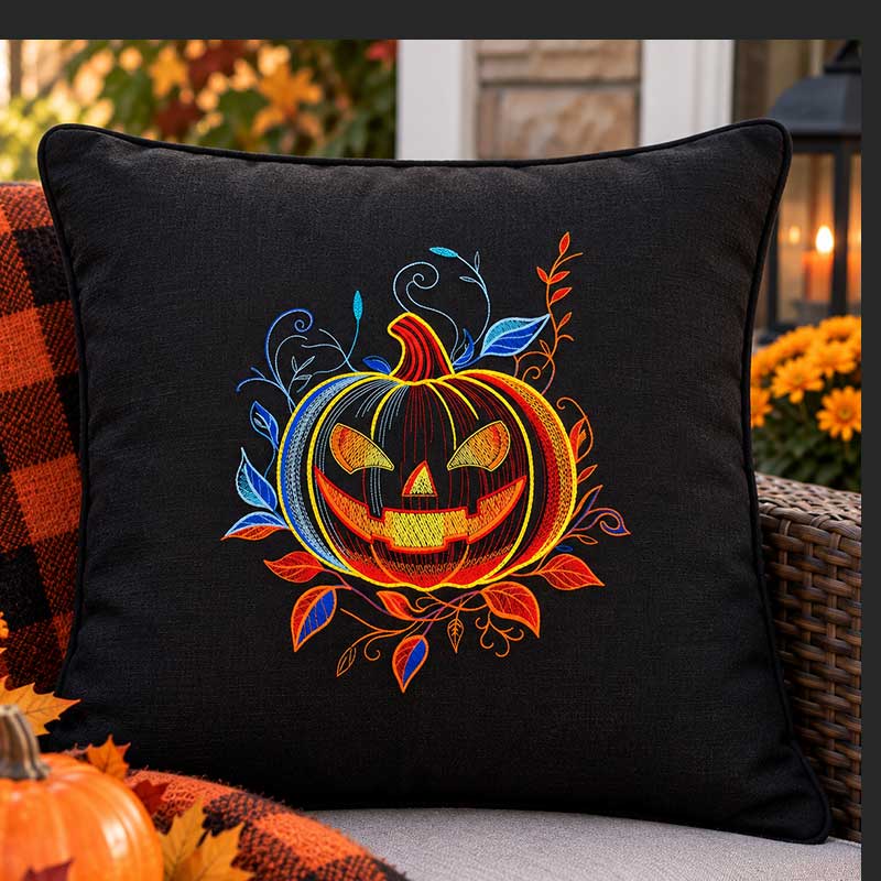 MoonlightJacolantern2_Cushion | Embroidery Legacy Black decorative pillow with a vivid embroidered jack-o'-lantern surrounded by multicolored leaves, outdoors on an autumn porch.