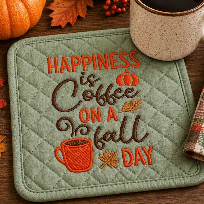 SDFB_HappinessCoffee_MugRug | Embroidery Legacy Quilted green mat with orange embroidery reading 'Happiness is Coffee on a Fall Day' and a small coffee cup illustration, surrounded by autumn leaves and a pumpkin highlight.