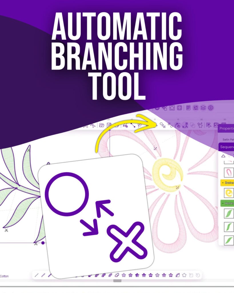 automatic-branching-tool-embroidery-legacy-software-mobile | Embroidery Legacy Automatic Branching tool in Embroidery Legacy Digitizing Software showing connected embroidery objects for more efficient stitch pathing.