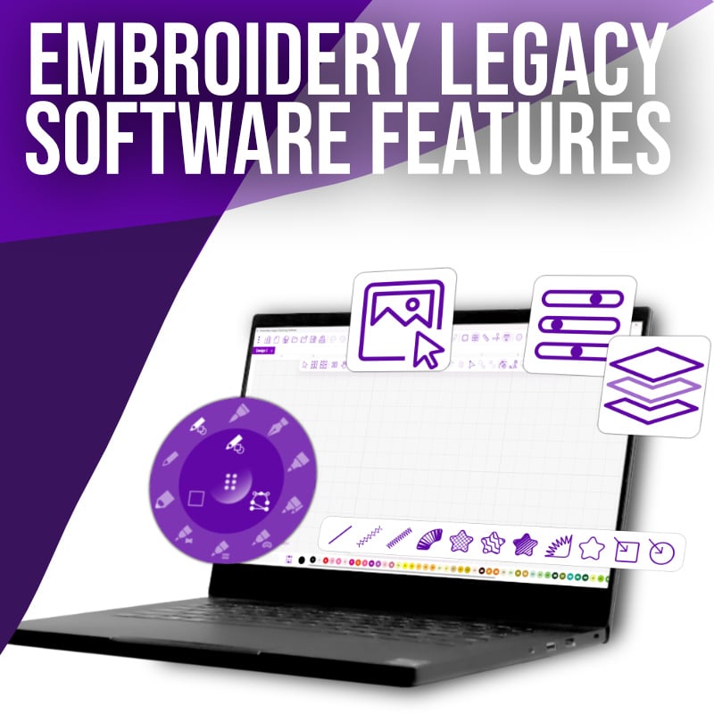 cover-image-embroidery-legacy-software | Embroidery Legacy Embroidery Legacy Digitizing Software features shown on a laptop with artwork, stitch, and design tools.