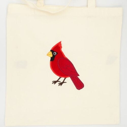 freebie-cardinal-square | Embroidery Legacy Canvas tote bag with a red cardinal embroidery in the center.
