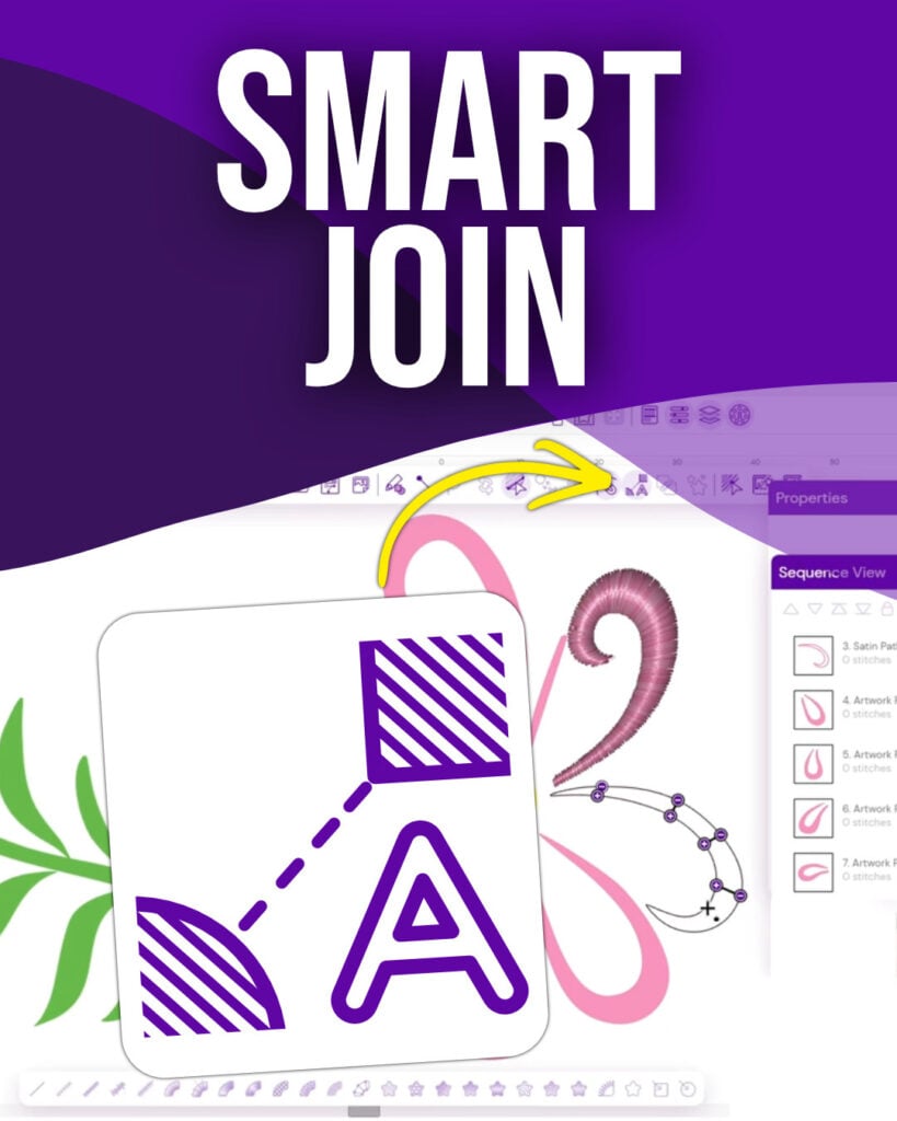 smart-join-embroidery-legacy-software-mobile | Embroidery Legacy Smart Join tool in Embroidery Legacy Digitizing Software showing connected embroidery objects for smoother pathing.