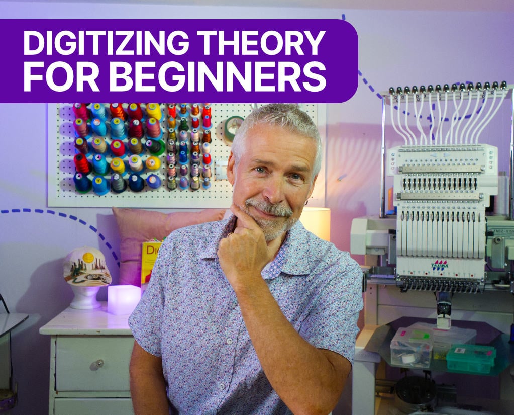 Digitizing-Theory-For-Beginners Digitizing theory for beginners. Man sitting at desk with embroidery machine and embroidery threads in background