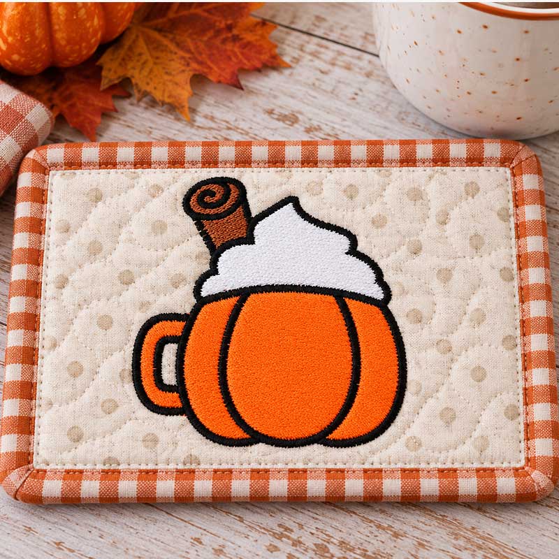 SDCFA2_PumpkinCoffee_MugRug | Embroidery Legacy pumpkin coffee mug rug